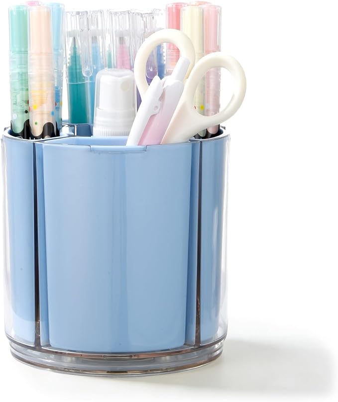 Comix 360° Rotating Pen Holder for Desk, Blue Pencil Holder with 5 Slots | Expandable Capacity, Acrylic Pen Organizer Easy to Clean, Cute Pencil Cup for Home School Office Art Supplies