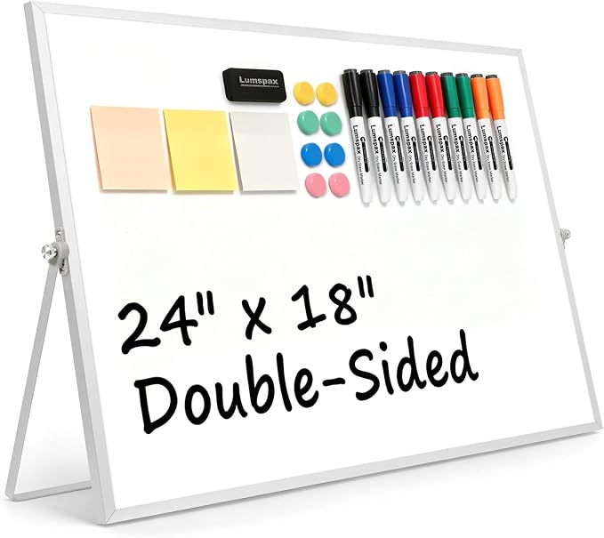 White Board with Stand, 24" x 18" Double-Sided Desktop Dry Erase Board, Portable Magnetic Whiteboard Easel for Kids Office Home School