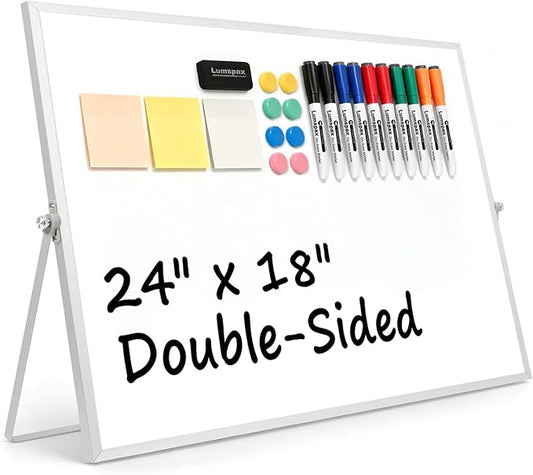 White Board with Stand, 24" x 18" Double-Sided Desktop Dry Erase Board, Portable Magnetic Whiteboard Easel for Kids Office Home School
