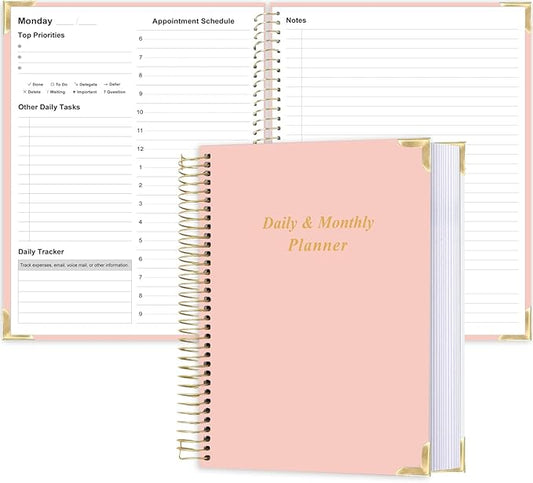 Undated Daily Monthly Planner for 2026 or Anytime - A4 To Do List with Hourly Schedule, Hardcover Spiral Bound Daily Planner to Increase Focus, Stylish School/Office Supplies, 8.5" x 11", Pink