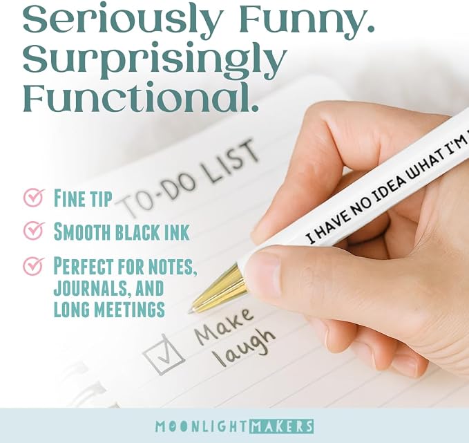 Moonlight Makers - Set of 5 Ballpoint Pens Black Ink- Engraved Funny Pens for Adults - Adulting in Progress Appreciation Gifts - Ideal Desk Decor for Work and Office Desk - Cute Packaging, Handy Clips