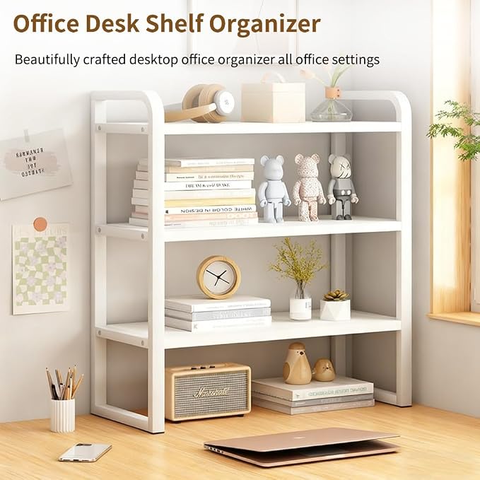 Office Desk Shelf Organizer, Wood Desktop Bookshelf Supplies Storage Rack, Shelf for Top of Desk and Dresser and Cubicle Decor Aesthetic Bookshelf (White Wood-three Tier, 15.75 Lx7.87 Wx22.05 H)