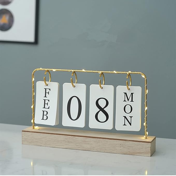 AUSTUFF Flip Wooden Perpetual Calendar Decor Gold Metal Stand with Light | Paper Monthly Daily Calendar For Daily Office Home Decor Reusable Office Accessory