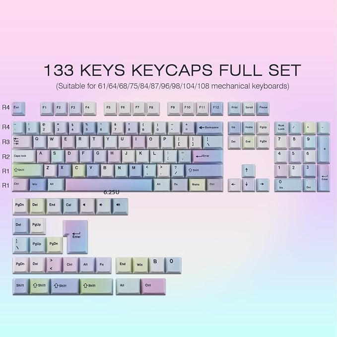 Sunzit Dreamy Purple Keycaps,132 Keys PBT Custom Side Print Keycaps,Cherry Profile Dye Sub Keycap Set,Cute Shine Through Keyboard Key caps for Mechanical Keyboards