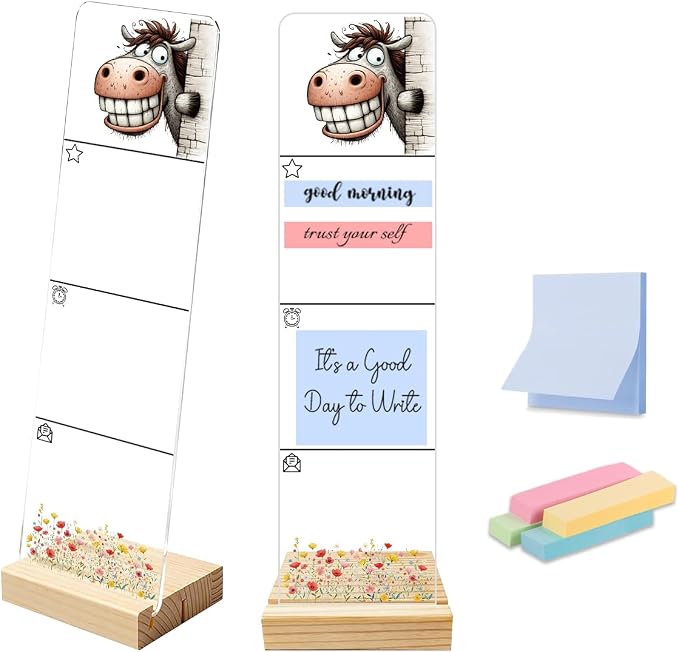 Sticky Note Holder, Monitor Memo Board, Acrylic Post It Note Holder with Wooden Base, Includes 200 Notes, Desk Organizer for Office, Cute Donkey Design