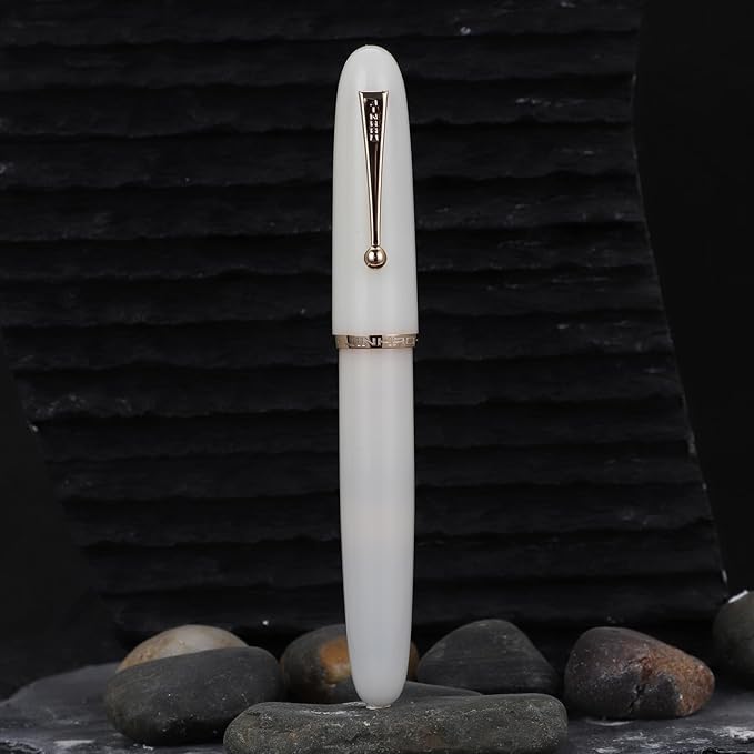 Jinhao 9019 DaDao Series Fountain Pen, Size 8 Fine Heartbeat Nib with Large Ink Converter, Ivory White Acrylic Design Smooth Writing Pen (Gold Trim)