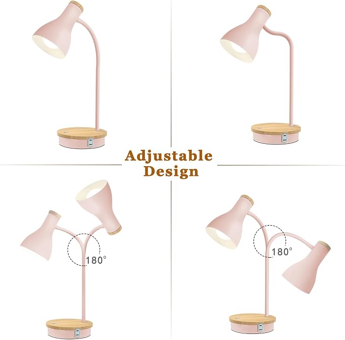 LALISU Metal Desk Lamp Wireless Charging Table Lamp Touch Reading Lights Arc Desk Lamps for Bedroom, 3 Way Dimmable Bedside Lamp with USB Charging Ports Lamp for Study Room and Office (Touch-Pink)