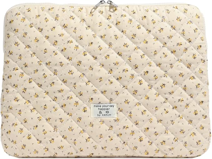 Cute Laptop Sleeve 13-15 inch Laptop Case Aesthetic Quilted Laptop Sleeve Computer Bag with Flower Printing for MacBook (Yellow, 15inch)