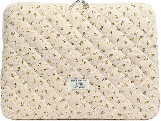 Cute Laptop Sleeve 13-15 inch Laptop Case Aesthetic Quilted Laptop Sleeve Computer Bag with Flower Printing for MacBook (Yellow, 15inch)