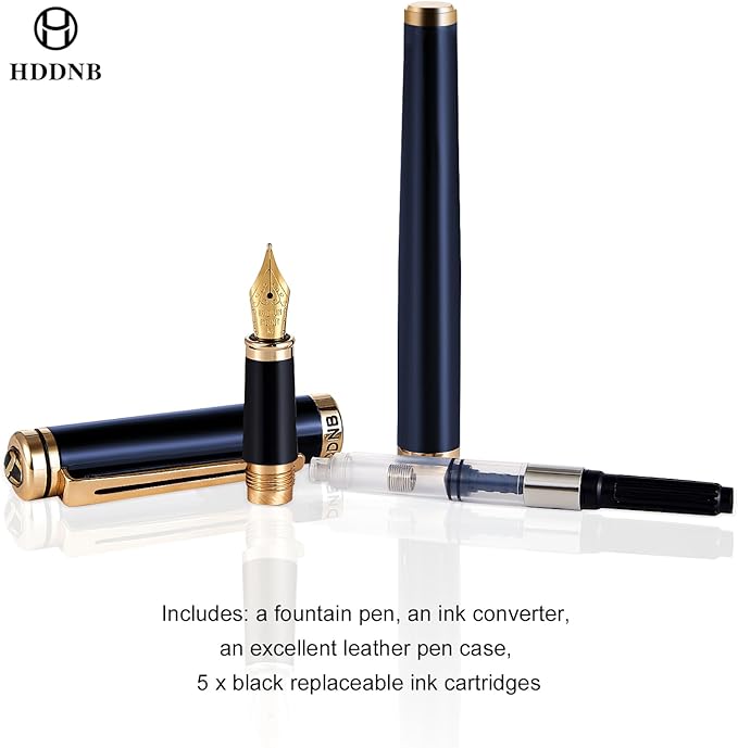 Blue Luxury Fountain Pen Set for Men and Women with Gift Box, 24K Gold Finish and Gilded Nib(Medium) with 5 Black Ink Cartridges and Converter