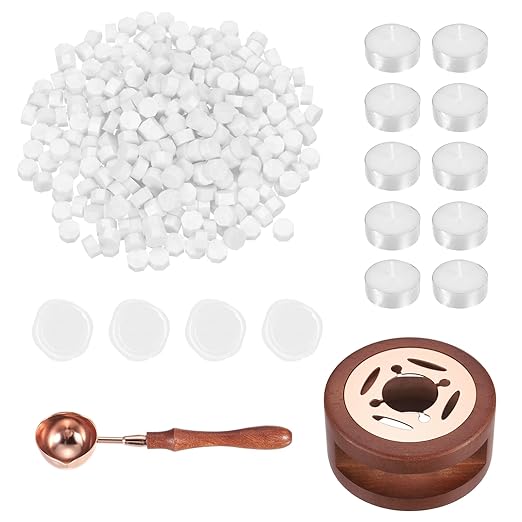 PATIKIL Wax Seal Kit, 300 Pcs Wax Sealing Beads, Wooden Warmer, Melted Spoon, 10 Pcs Tealight Candles for Envelope Letter Mailing Crafts DIY, White