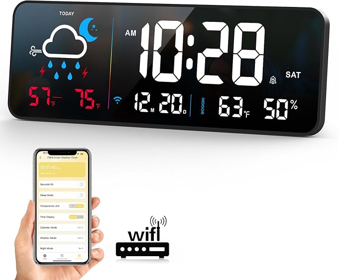Digital Wall Clock, Digital Clock Large Display with Network Auto-Synced, Corded Smart LED Alarm Clocks Real-Time Shows Weather, Indoor/Outdoor Temp Humidity for Living Room Bedroom Classroom Office
