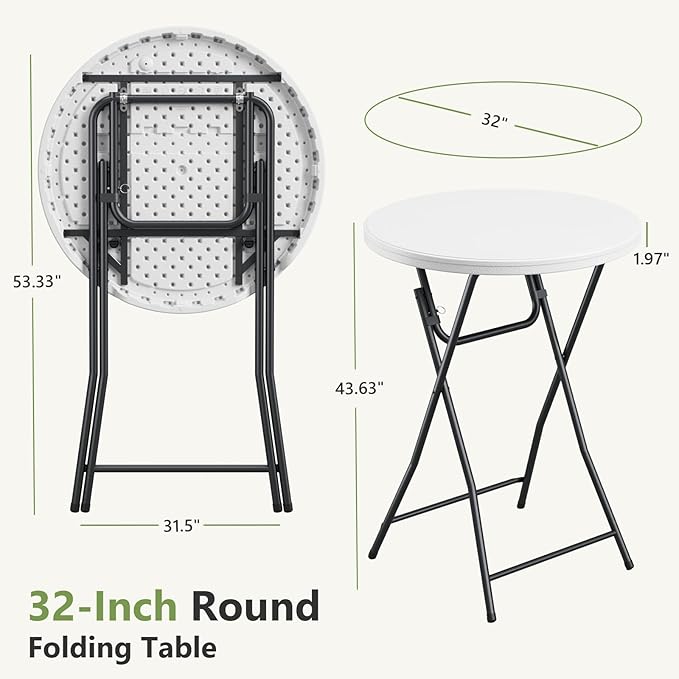 Folding Table, 32 Inch Foldable Cocktail Bar, High Top Round Folding Tables No Assembly, Portable Bistro & Commercial Furniture for Wedding, Banquet, Party, Indoor Outdoor Use