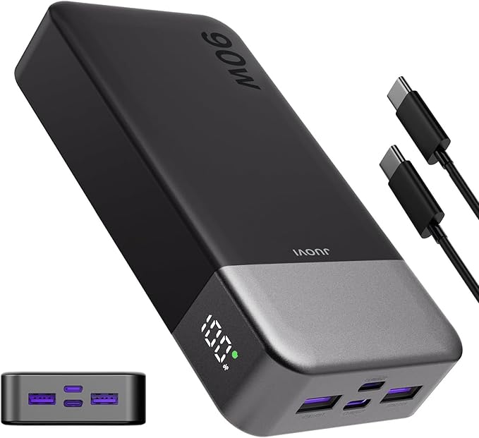 JUOVI Portable Charger, 90W Laptop Power Bank 20000mAh Portable Phone Charger, Power Bank Fast Charging with 2 USB-C & 2 USB-A Ports,Battery Bank for MacBook iPhone 17/16/15 Series, Galaxy (Black)