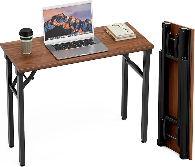 Foldable Desk Folding Table - 35.8" Folding Desk for Small Spaces, No Assembly Stable Portable Computer Desk for Home Office Study, Foldable Table for Bedroom, Dark Walnut
