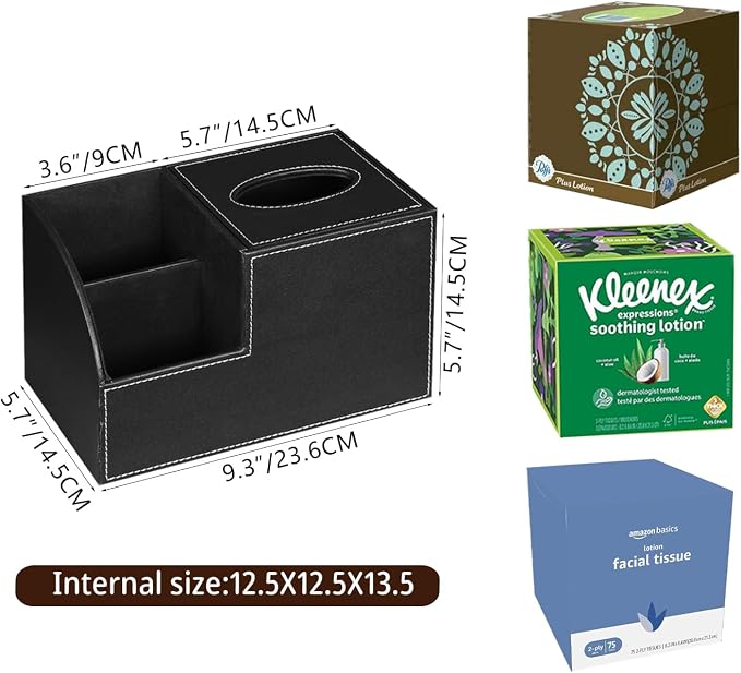 PU Leather Square Tissue Box Cover,Multi-Functional Tissue Cube Box Holder | Facial Tissue Box Cover with Storage,Tissue and Remote Control Holder,Cube Tissue Box Organizer Bedroom,Nightstand,End Table
