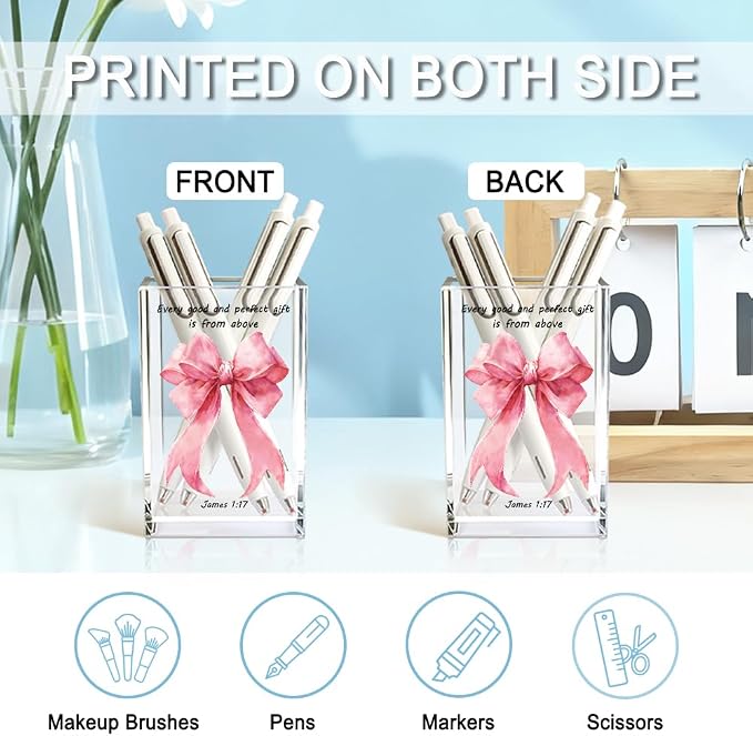 Every Good And Perfect Gifts Is From Above Acrylic Cosmetic Holder | Pink Bow Clear Makeup Brush Holder Countertop, James 1:17 Christian Bible Verses Birthday Gifts for Women Girlfriend Her