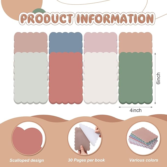Eaasty 8 Pack Scalloped Sticky Notes Cute Adhesive Memo Pads Vintage Colors Aesthetic Unlined Self Stick Note Pads 4" x 6" Pretty Wavy Sticky Notes Bulk 240 Sheets for School Office Supplies