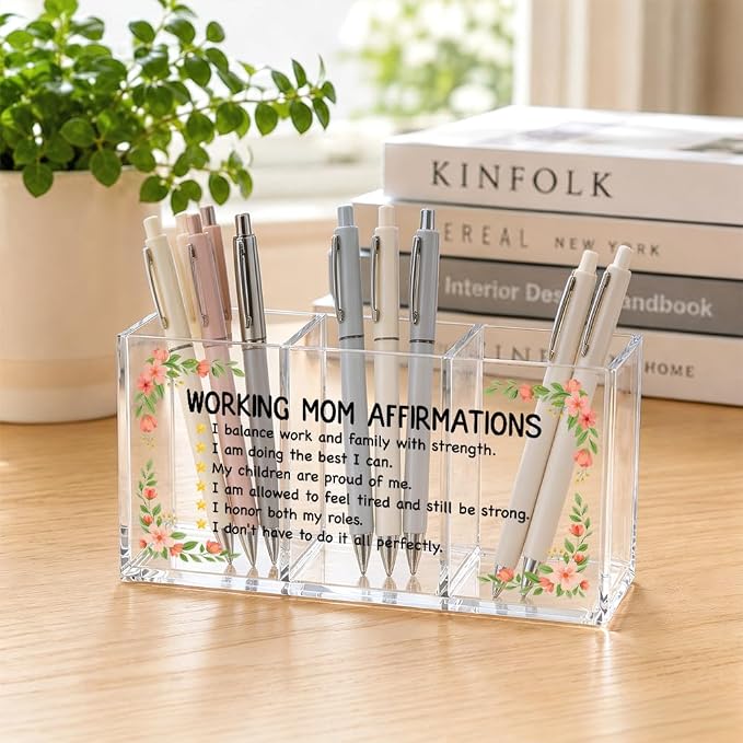 Working Mom Affirmations Acrylic Pen Makeup Brush Holder 3 Compartments, Working Mom Clear Desktop Organizer for Office School Home, Work Desk Accessories Gifts for Mother Coworkers Boss