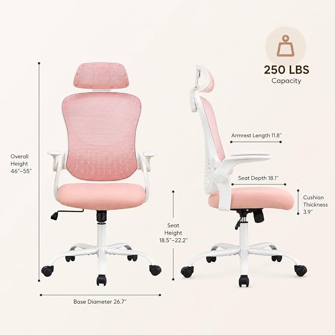 Pink Ergonomic Office Chair, High Back Mesh Desk Chair with Adjustable Headrest Lumbar Support, Computer Chairs with Flip-up Armrests and Thickened Cushion for Adults Home Office, 360° Swivel