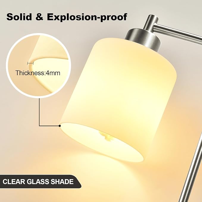 Set of 2 Industrial Touch Control Table Lamps with 2 USB Ports and AC Outlet - 3-Way Dimmable Nickel Bedside Lamp Nightstand Desk Lamps for Bedroom Living Room, Opal Glass Shade & 2 LED Bulbs Included