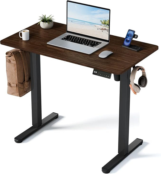 35" Electric Standing Desk, Small Sit Stand up Desk, Dark Walnut | Height Adjustable Computer Desk for Home Office, Compact Work & Gaming Desk with Cable Management and Stable Steel Frame