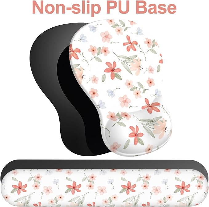 Ergonomic Mouse Pad with Wrist Rest and Keyboard Wrist Rest, Gel Mousepad and Wrist Rest for Computer Keyboard, Pain Relief, Non-Slip PU Base, Mouse Pad with Wrist Support for Gaming, Orange Flowers