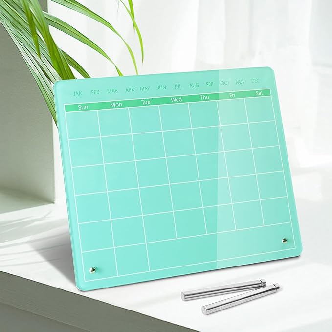 Calendar Dry Erase Board,12"X10",Acrylic Desk Calendar with Stand,Green Dry Erase Board for Home Office School-YL-G-2530