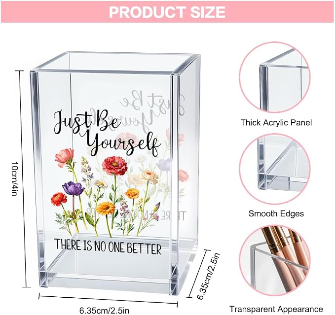 Just Be Yourself Acrylic Makeup Brush Organizer Holder, Motivational Vanity Desk Accessories for Bedroom Office, Inspirational Affirmation Quote Gifts for Women Girls Daughter Sister Coworker