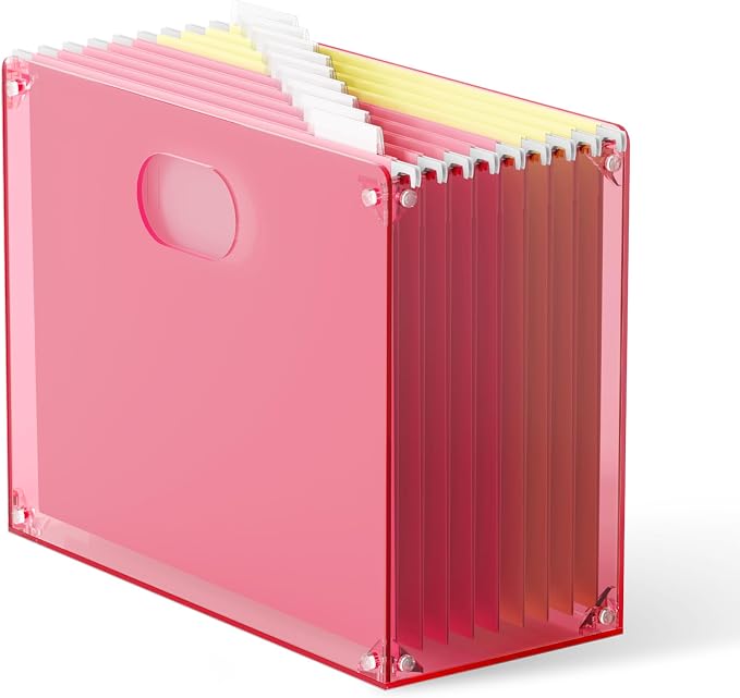 Oterri Pink Acrylic File Organizer with Handle, Desktop Box | 3mm Acrylic, Stain-Resistant, With Handle, Holds Letter Docs, Includes Hardware, Office, Home, Classroom, Countertop.