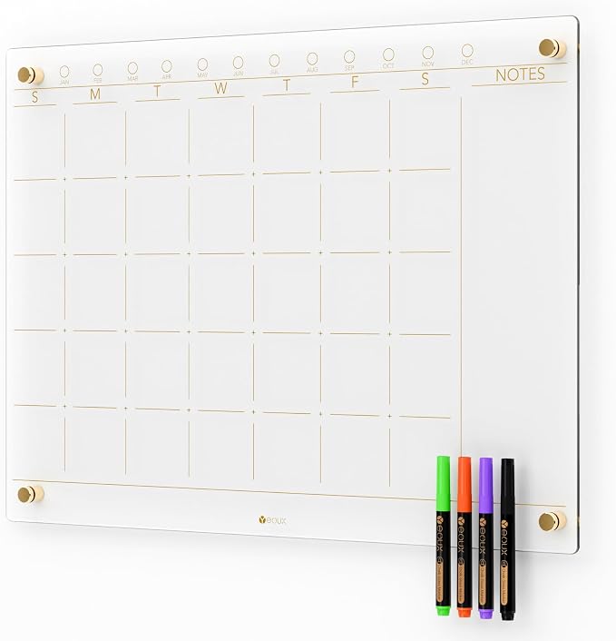 Yeoux Clear Glass Monthly Dry Erase Calendar Board for Wall, 17" x 23" | Large Monthly Planner, Easy Installation, Non-Magnetic, Frameless Tempered Glass, 4 Markers Included