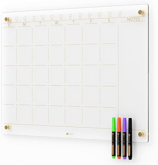 Yeoux Clear Glass Monthly Dry Erase Calendar Board for Wall, 17" x 23" | Large Monthly Planner, Easy Installation, Non-Magnetic, Frameless Tempered Glass, 4 Markers Included
