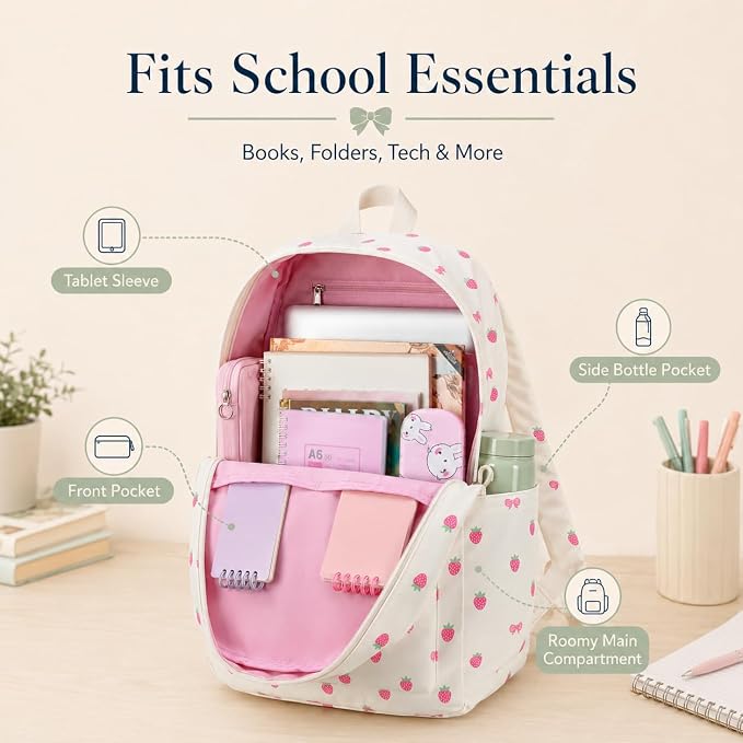 Bluboon Teen Girls School Backpack Kids Bookbag Set with Lunch Box Pencil Case Travel Laptop Backpack Casual Daypacks (Beige bow tie)