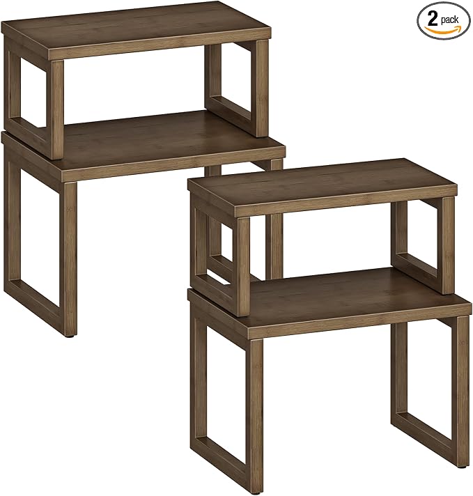 HOOBRO Cabinet Organizer Shelf, Set of 4 Kitchen Counter Shelves, Expandable Kitchen Storage, Stackable Bamboo Spice Rack, for Kitchen, Countertop, Office Desk, Living Room, Mocha MA20TLP201