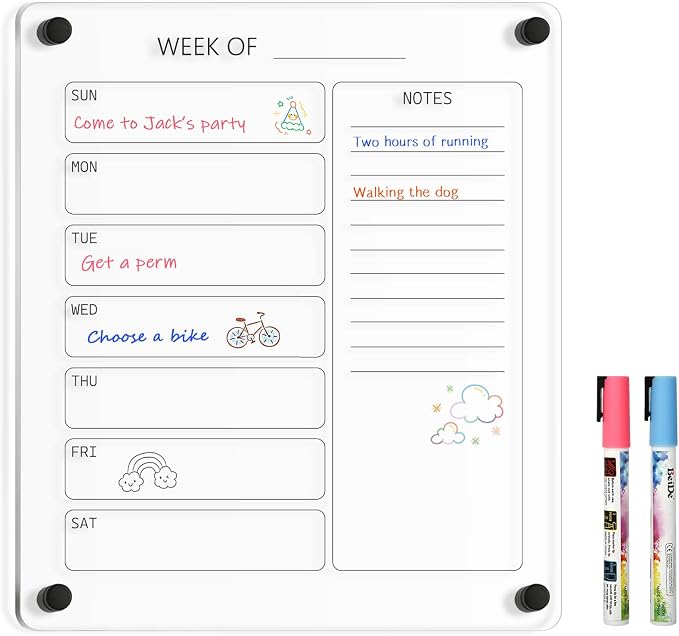 Small Acrylic Calendar for Wall, 12" X 14" (Black) | Acrylic Wall Calendar, Clear Wet & Dry Erase Board Hanging Frameless Weekly Planner for Office, Home or School, 2 Markers