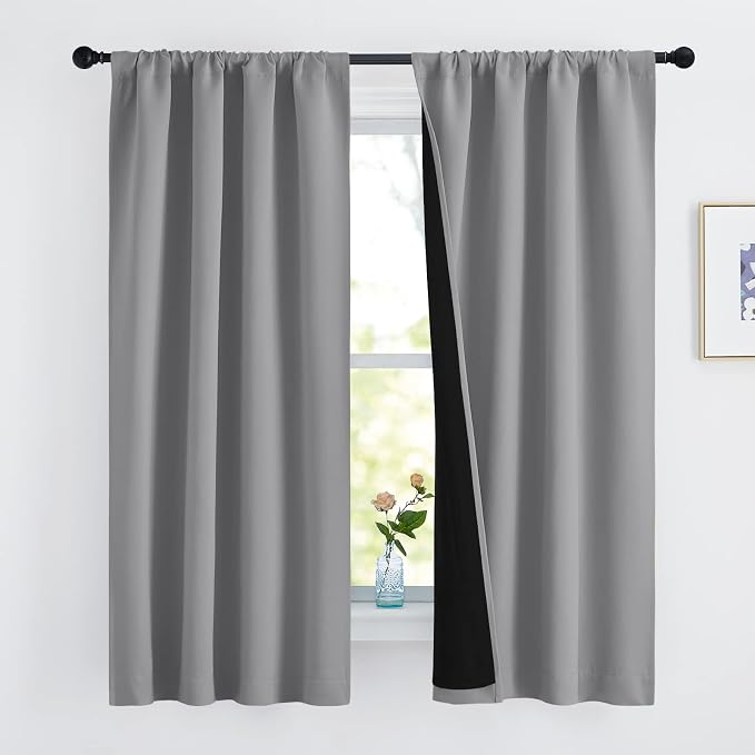 NICETOWN 100% Blackout Curtains 63 inches Long, Soft and Heavy-duty Thermal Insulated Rod Pocket 2-Layer Lined Drapes, Energy Efficiency Window Draperies for Bedroom (Silver Gray, 2 Panels, 42-inch W)