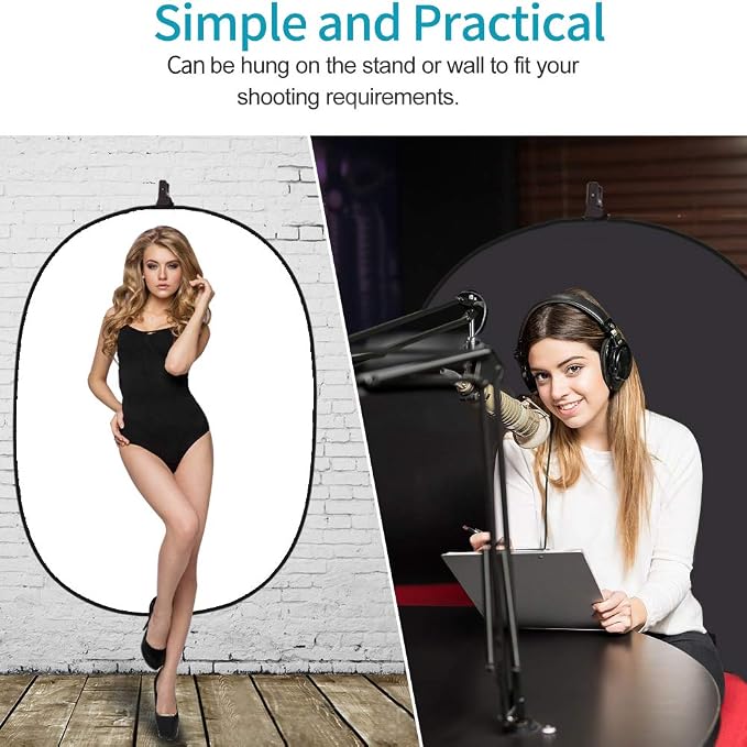 5 x 3.3ft (1.5mX1m) 2 in 1 Polyester Muslin Black and White Collapsible Backdrop, Small Pop Up Portable Reversible Photography Background with Carrying Bag