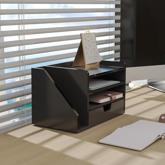 Multi-Tier Wood Desk File Organizer, 3 Tray Shelves & Adjustable Drawer - Space-Efficient Design for Efficient Office Setup, Reduces Desk Clutter (Black)