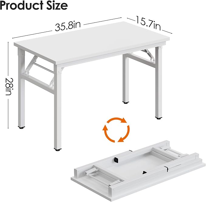 DlandHome Folding Desk for Small Spaces, 35.8 in Computer Desk Folding Table, Foldable Office Desk Writing Workstation for Home Office, Study, Bedroom, No Assembly Required, White & White