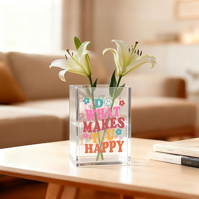 Do What Make You Happy Acrylic Cosmetic Organizer Pen Holder, Funny Acrylic Desk Holder Cup for Pen Pencil, Inspirational Office Gifts for Coworker, Positive Quote Desk Storage Accessory