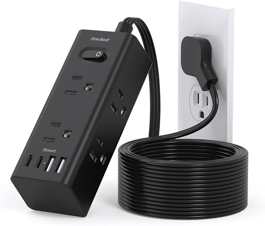 10Ft Extension Cord with Multiple Outlets, Flat Plug Power Strip Surge Protector with 10 Ft Long Cord, 6 Outlet 3 USB Ports (2 USB C), Multi Outlet Wall Plug for Travel, Dorm Room Essentials-Black