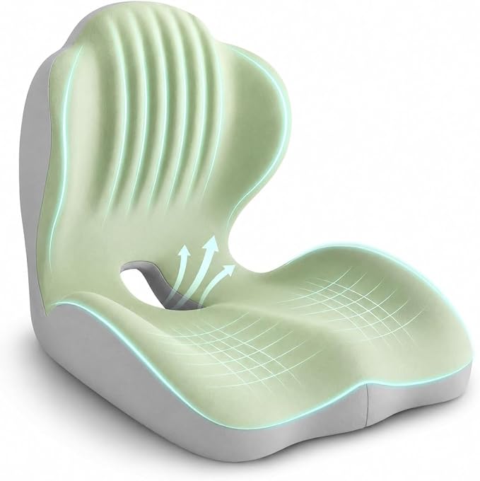 Saker Ergonomic Memory Foam Seat Cushion with Back Support, 2-in-1 Coccyx Cutout Chair Pad for Office, Car, Gaming Chair and Wheelchair, Contoured Lumbar Support for Long Sitting，Green