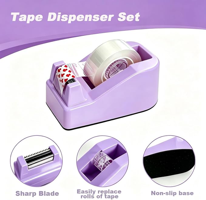 Office Supplies Set Rotating Pen Holder for Desk with Stapler Staple Remover Tape Dispenser 2pcs Tape Refills Binder Paper Clips Kit Scissor Pen Ruler & Sticky Tabs Pink Office School Supplies(Purple)