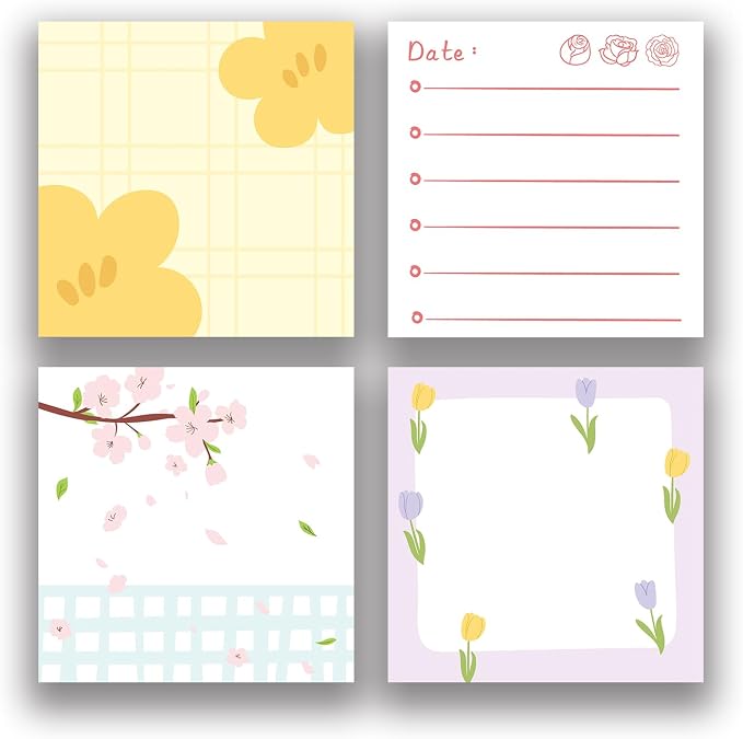 4-Pads 3x3 Sticky Notes, Aesthetic Memo Pads with High-Adhesive, Cute Self-Stick Notes, Reusable & Tearable for Journal Planners Office School Home, Plant Stationery Gift - Floral Notes