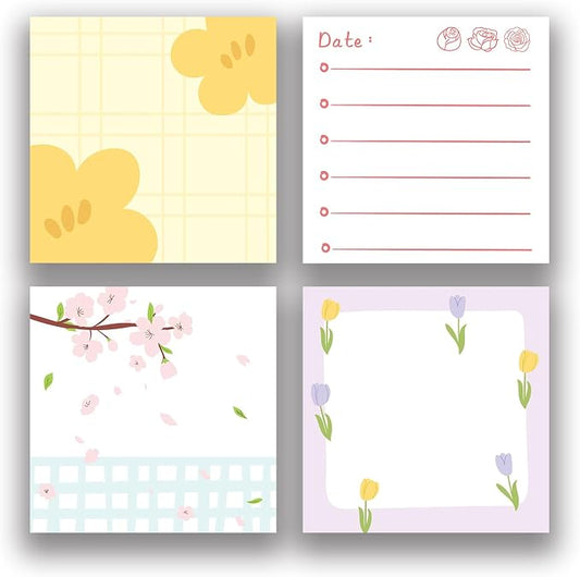 4-Pads 3x3 Sticky Notes, Aesthetic Memo Pads with High-Adhesive, Cute Self-Stick Notes, Reusable & Tearable for Journal Planners Office School Home, Plant Stationery Gift - Floral Notes