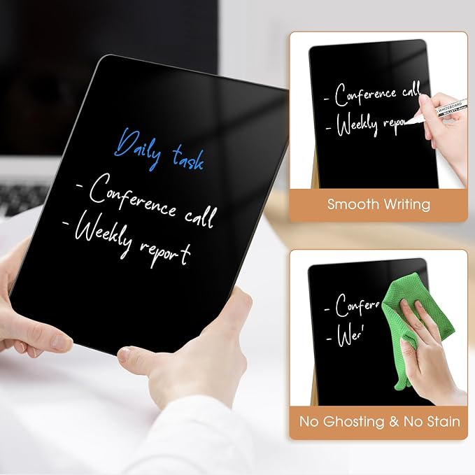 Desktop Black Glass Dry Erase Board, 9.5" x 6.7", Adjustable Wood Stand | Small Glass Whiteboard, Reusable Desk Notepad for Home Office