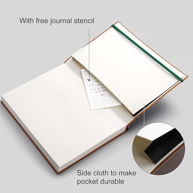 AHGXG Dotted Journal - Large A4 Notebook Dotted, 8.5''×11'', 320 Pages Dot Grid Notebook, 100gsm Thick Paper, Leather Softcover, with Journal Stencils, Inner Pocket, Dark Green