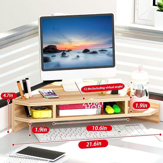 Triangle Monitor Stand Riser,Cut Triangle Save Space Desktop Corner,Desktop corner shelf with drawers wooden computer stand with storage laptop risers office organization. (No drawer)