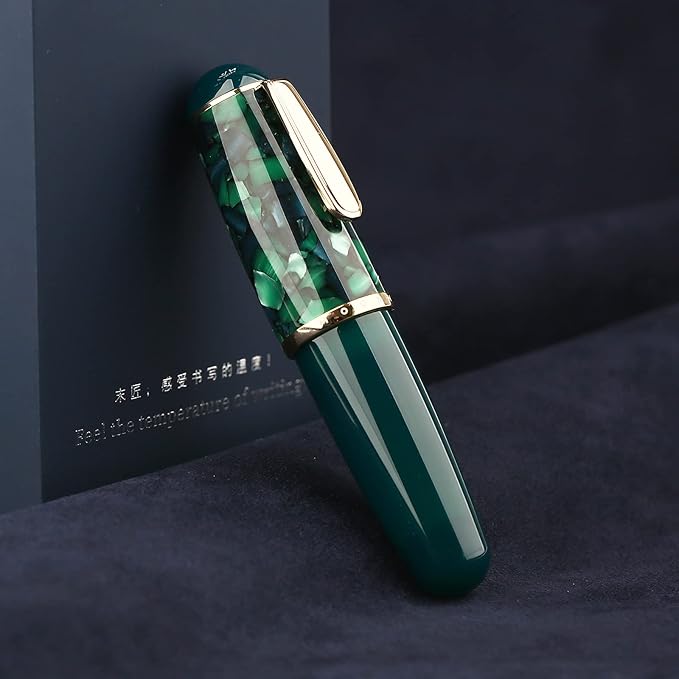 Lanxivi Majohn Q1 Fountain Pen Extra Fine Nib Green Acrylic, Little Fat Man Eyedropper Filling Pocket Pen Large Capacity