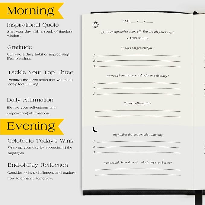 The Original Gratitude Journal with Inspiring Prompts & Quotes for Mindfulness, Reflection & Personal Growth - Daily Wellness Journal for Men & Women - Luxurious Linen Black Cover